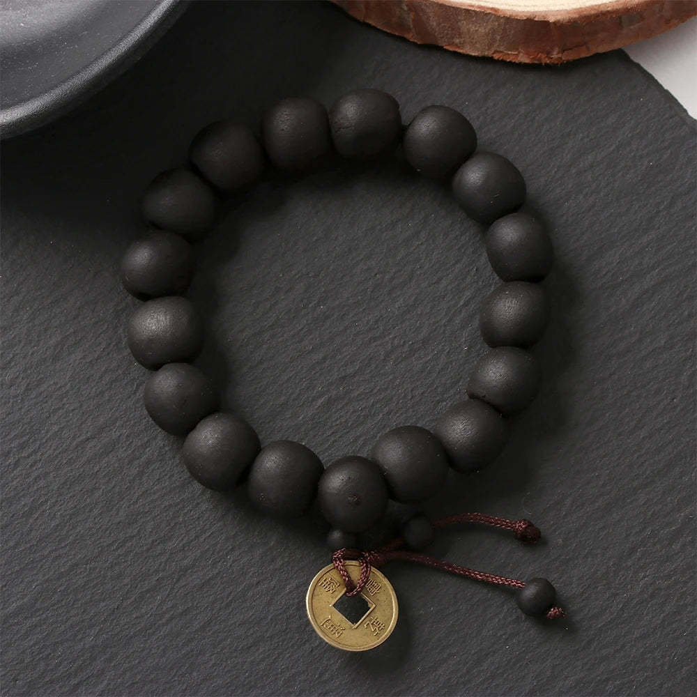 1Pc Wood Bead New Buddha Bracelet Buddhist  Bangle Prayer Beads Copper Coin Women Men Lucky Religion Bracelets Charm Jewelry