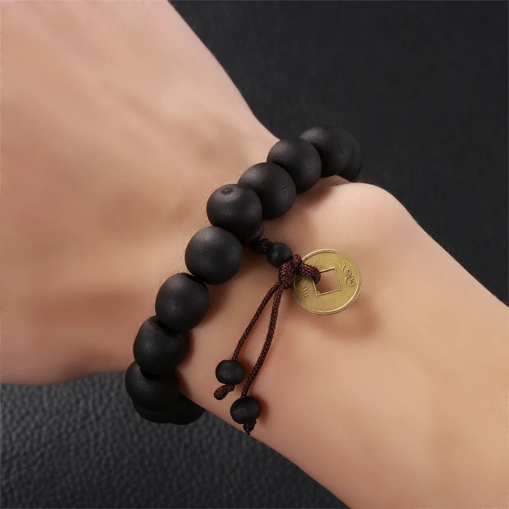 1Pc Wood Bead New Buddha Bracelet Buddhist  Bangle Prayer Beads Copper Coin Women Men Lucky Religion Bracelets Charm Jewelry