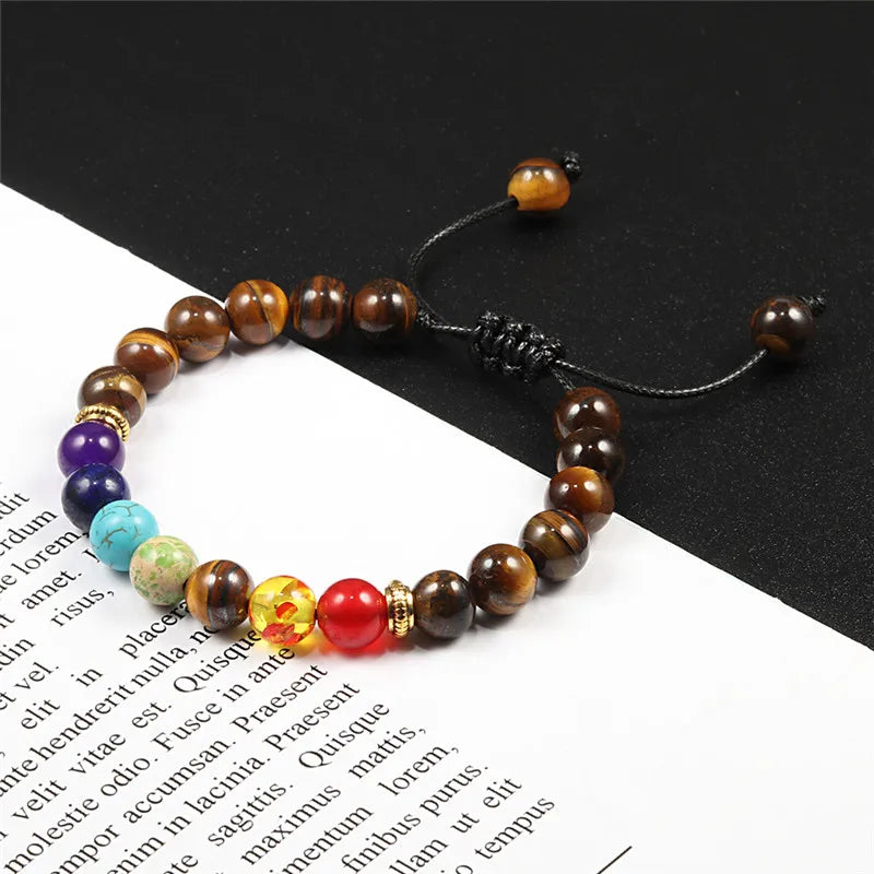 Men Women 7 Chakra Beaded Bracelets Bangles Healing Tiger Eye Stone Chakra Prayer Charm Buddha Bracelet Adjustable Jewelry Gifts