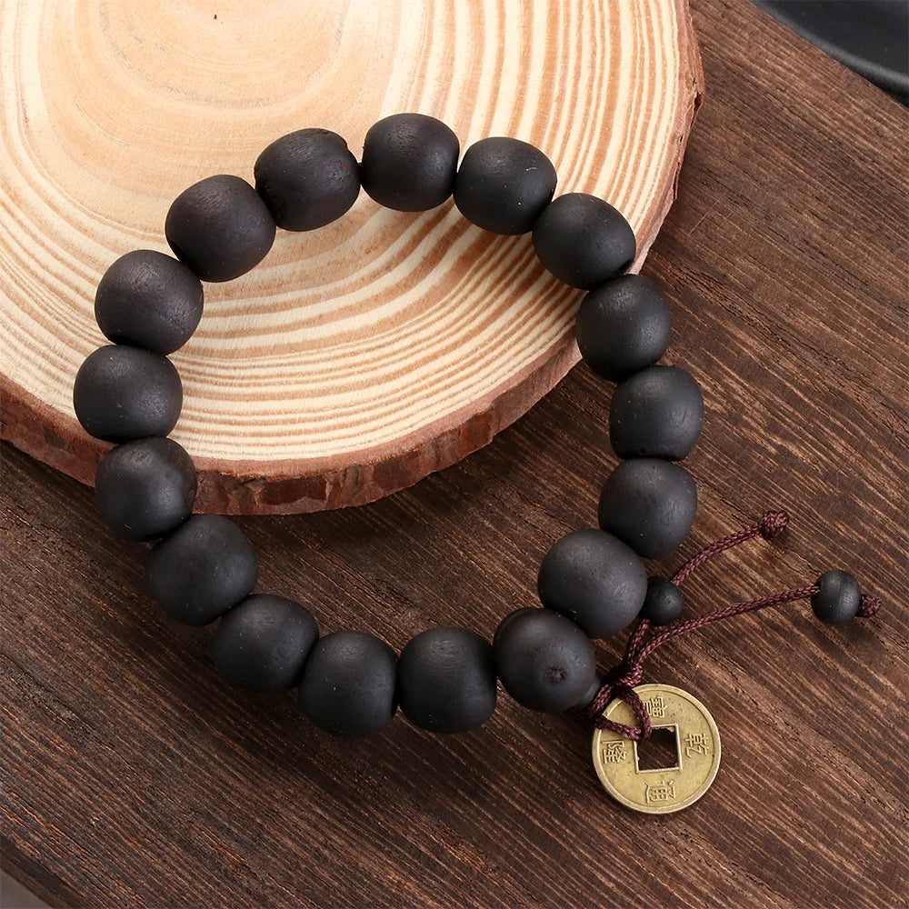 1Pc Wood Bead New Buddha Bracelet Buddhist  Bangle Prayer Beads Copper Coin Women Men Lucky Religion Bracelets Charm Jewelry