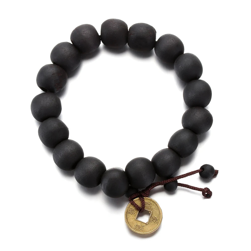 1Pc Wood Bead New Buddha Bracelet Buddhist  Bangle Prayer Beads Copper Coin Women Men Lucky Religion Bracelets Charm Jewelry