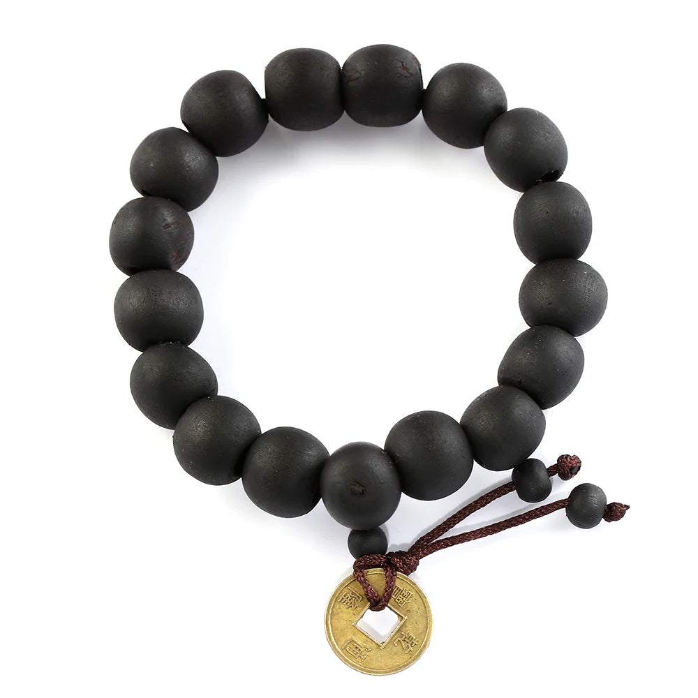 1Pc Wood Bead New Buddha Bracelet Buddhist  Bangle Prayer Beads Copper Coin Women Men Lucky Religion Bracelets Charm Jewelry