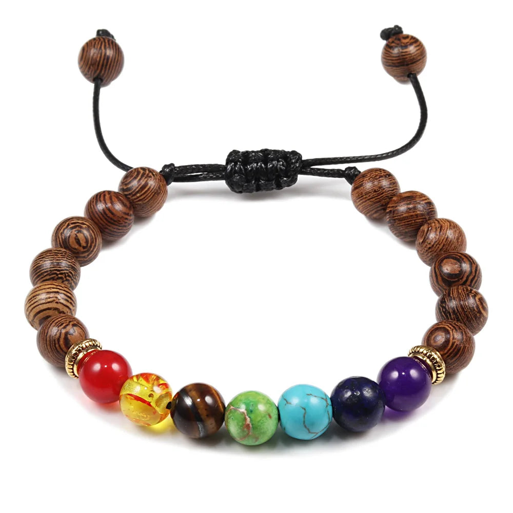 Men Women 7 Chakra Beaded Bracelets Bangles Healing Tiger Eye Stone Chakra Prayer Charm Buddha Bracelet Adjustable Jewelry Gifts