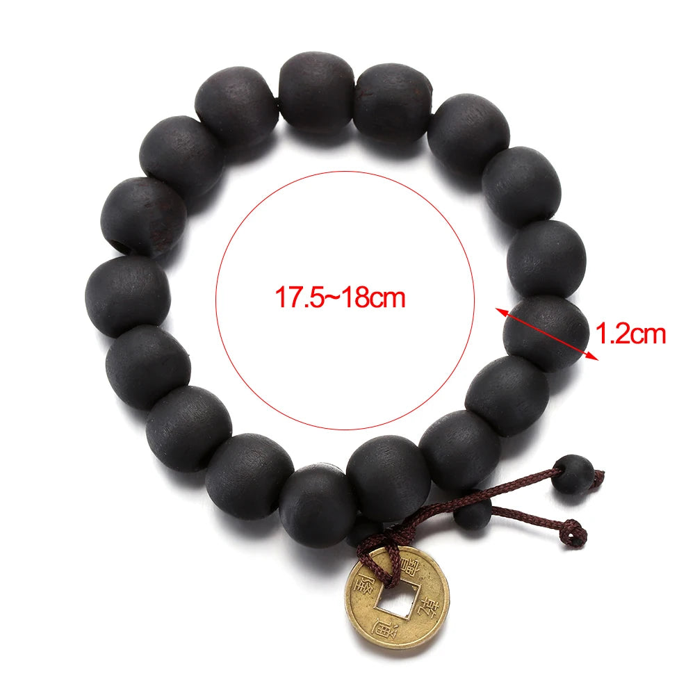 1Pc Wood Bead New Buddha Bracelet Buddhist  Bangle Prayer Beads Copper Coin Women Men Lucky Religion Bracelets Charm Jewelry