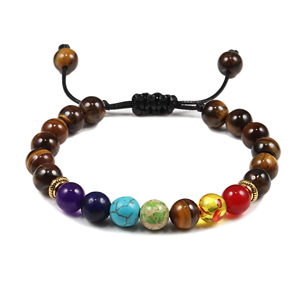 Men Women 7 Chakra Beaded Bracelets Bangles Healing Tiger Eye Stone Chakra Prayer Charm Buddha Bracelet Adjustable Jewelry Gifts