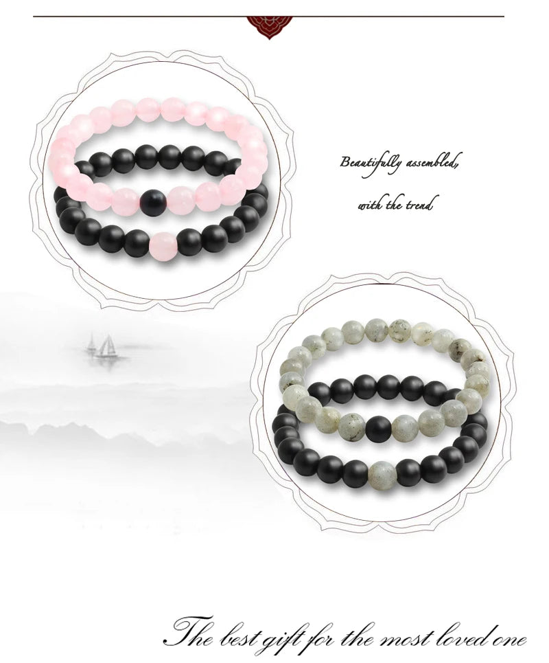 Natural Stone Matching Couple Bracelet Distance Pink Black Beads For Men Women Strand Bracelets Bangles Yoga Lover Jewelry Gifts