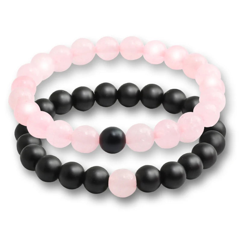 Natural Stone Matching Couple Bracelet Distance Pink Black Beads For Men Women Strand Bracelets Bangles Yoga Lover Jewelry Gifts