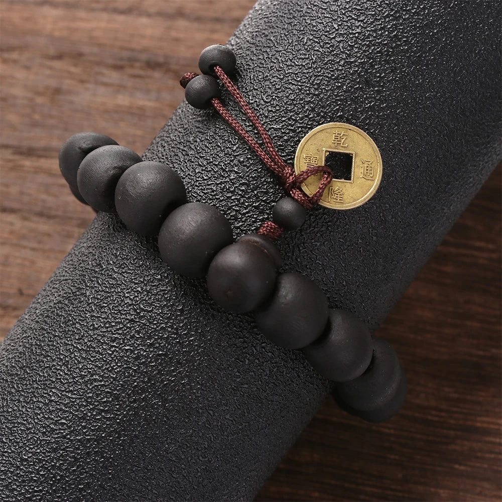 1Pc Wood Bead New Buddha Bracelet Buddhist  Bangle Prayer Beads Copper Coin Women Men Lucky Religion Bracelets Charm Jewelry