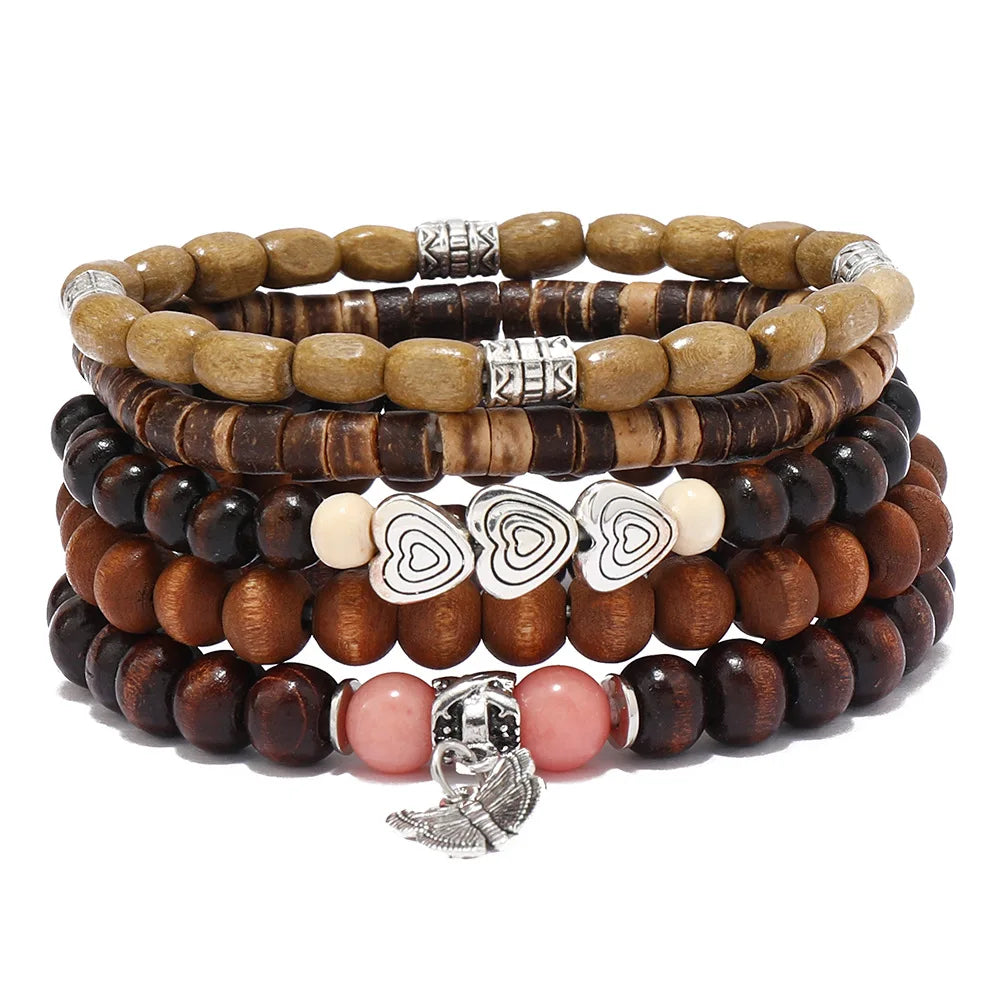 Ethnic 4-5pc/set wood bead tree Cactus Charms bracelets Hamsa Hand Butterfly Bohemia Men Bracelets For Women Female Jewelry