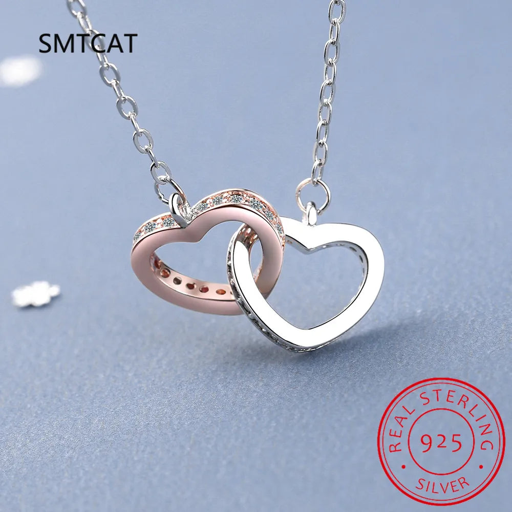 Hot Sale Fashion Double Love Heart Zircon Pendant Necklace 925 Sterling Silver Rose Gold Rhinestone Necklaces Women Jewelry Gift