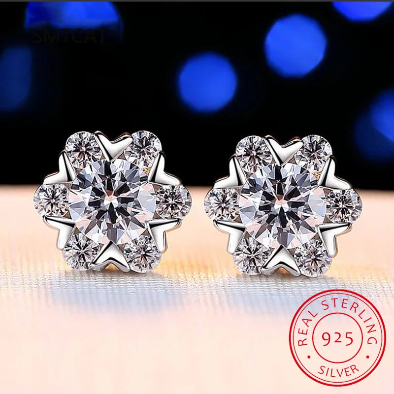 Moissanite Diamond Stud Earrings 18K White Gold Plated Silver Flower Eearring for Brilliant Moissanite Party Jewelry