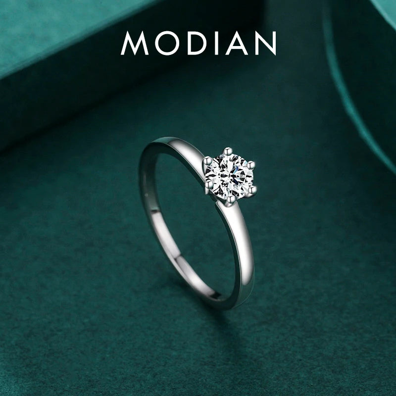 Modian 925 Sterling Silver Classic Simple Round Clear CZ Finger Rings Size 5 6 7 8 9 For Women Wedding Statement Jewelry Gifts