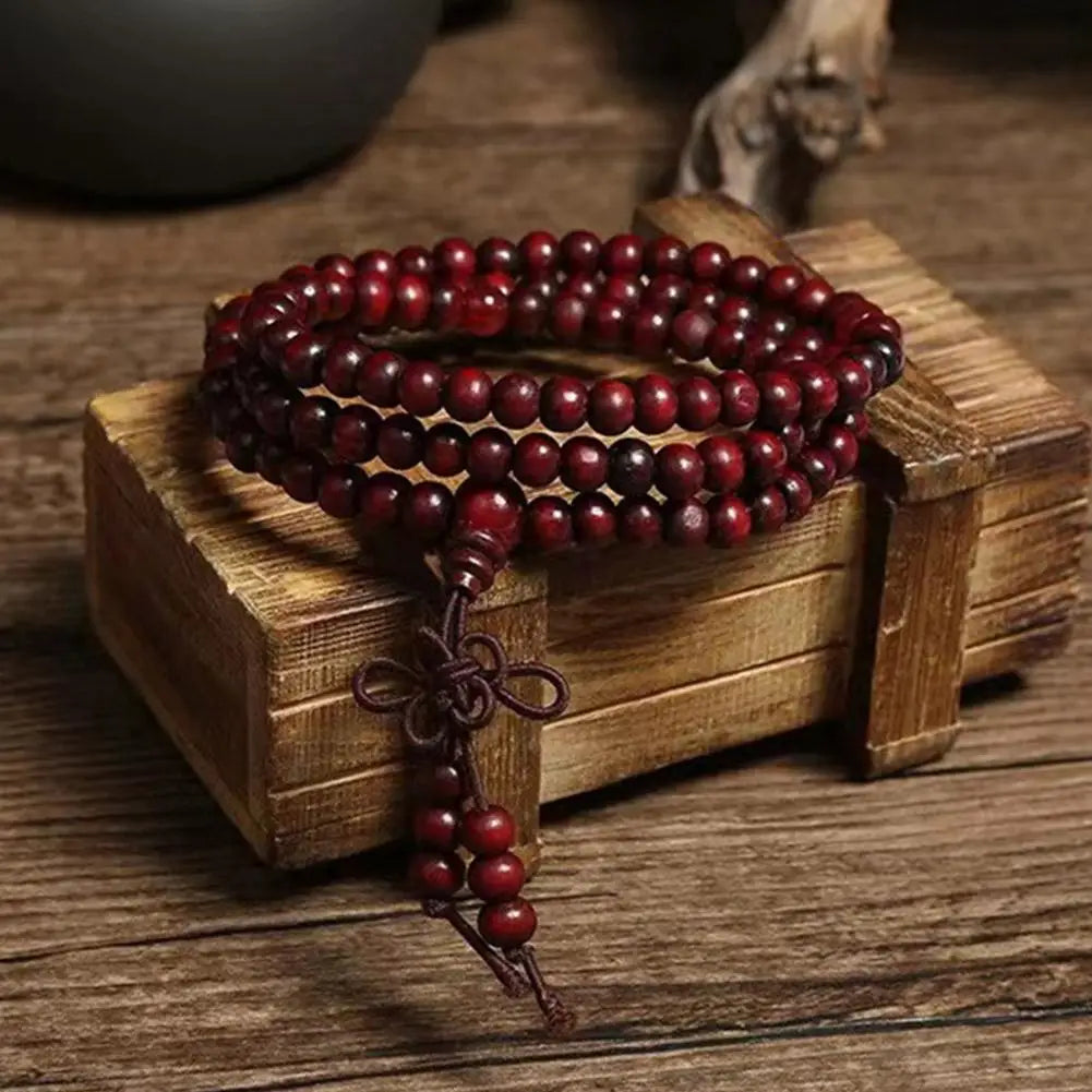 Chinese Style Small Leaf Red Sandalwood Buddhist Beads Multilayer Hand String Lacquer Bracelet Necklace Rosary Beads Men Women