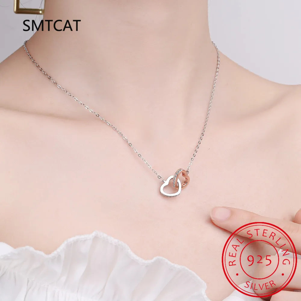 Hot Sale Fashion Double Love Heart Zircon Pendant Necklace 925 Sterling Silver Rose Gold Rhinestone Necklaces Women Jewelry Gift