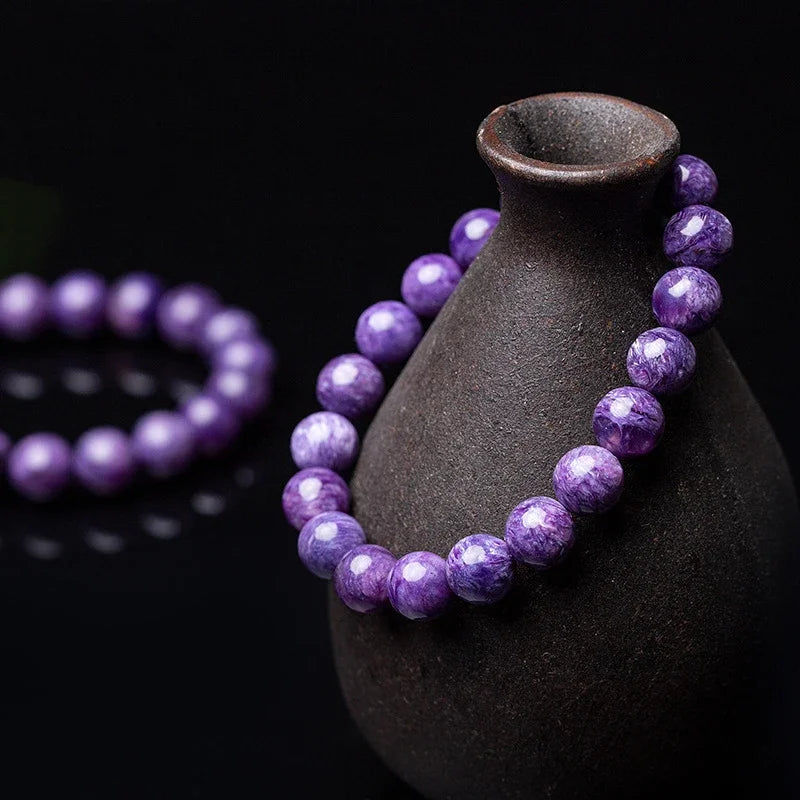 Natural Charoite Beads Bracelet Amethyst Stone Crystal Women Fashion Jewelry Single Circle Elastic Rope Charoite Bracelet Gifts