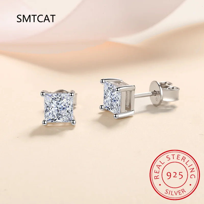 Real 1 Carat Princess Cut Moissanite Diamond Stud Earrings for Women Party Fine Jewelry 100% S925 Sterling Silver Earring