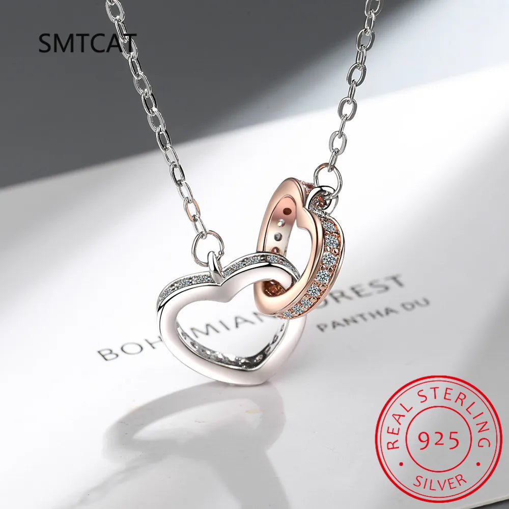 Hot Sale Fashion Double Love Heart Zircon Pendant Necklace 925 Sterling Silver Rose Gold Rhinestone Necklaces Women Jewelry Gift