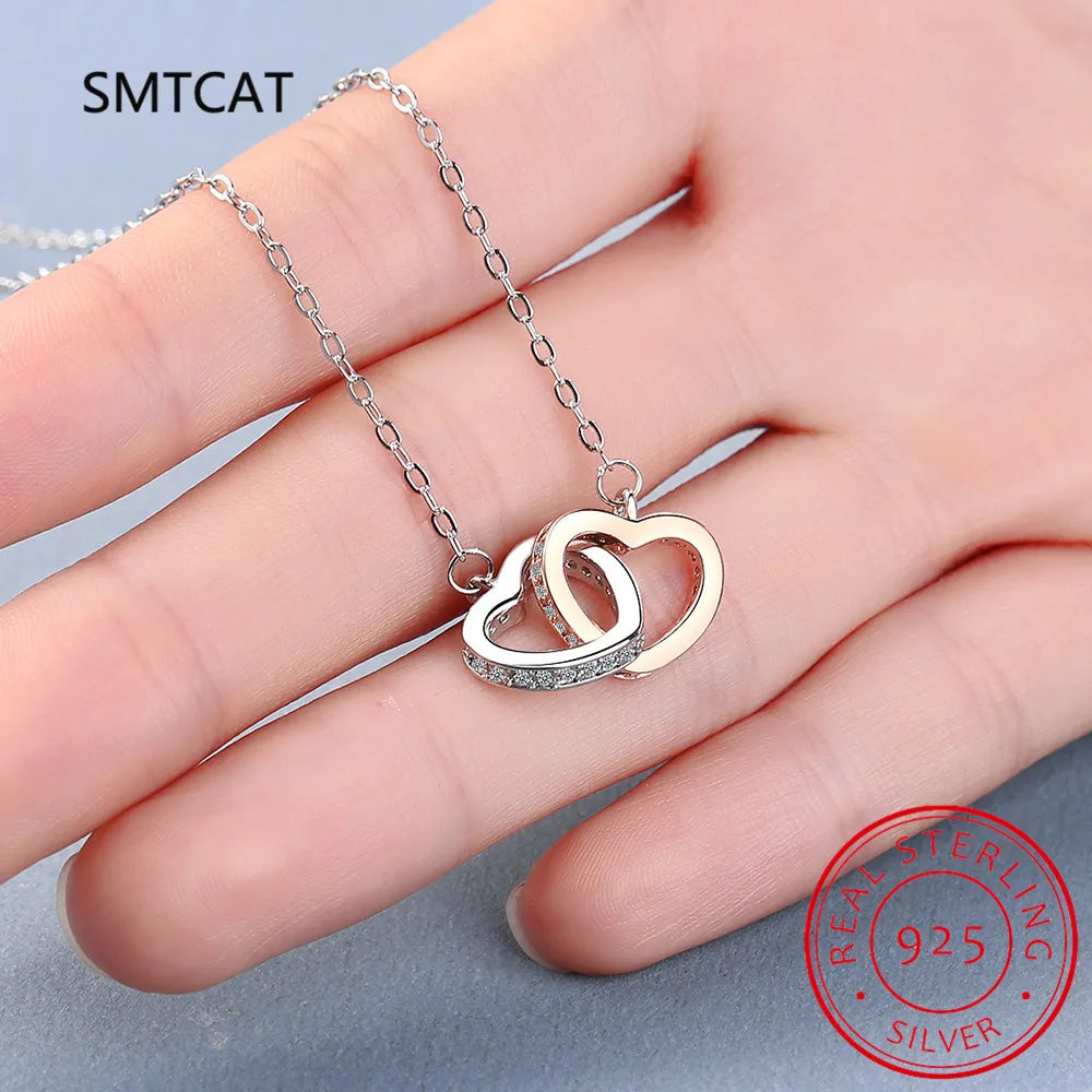 Hot Sale Fashion Double Love Heart Zircon Pendant Necklace 925 Sterling Silver Rose Gold Rhinestone Necklaces Women Jewelry Gift