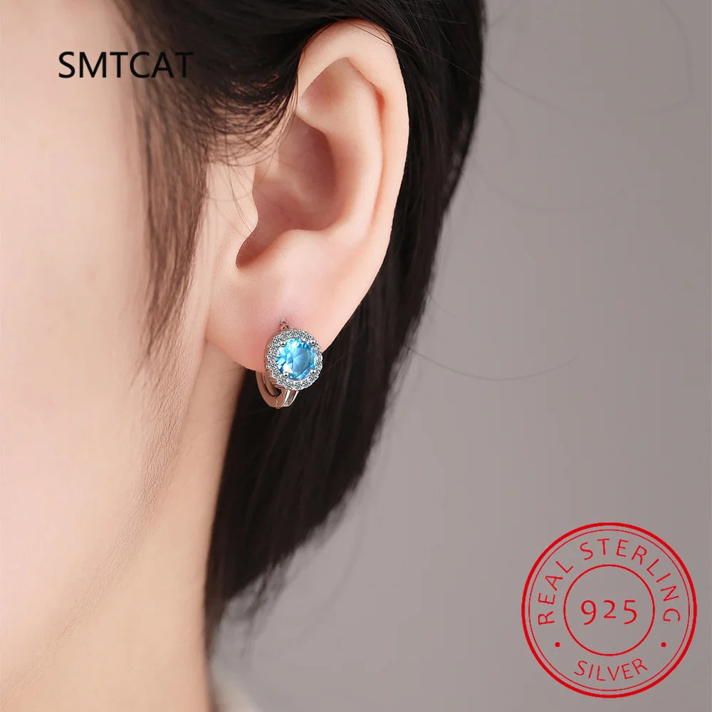 Round Cut Created Blue Sapphire 925 Sterling Silver Hoop Earrings for Women Fashion Statement Gemstone Jewelry Huggies