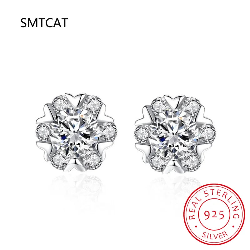 Moissanite Diamond Stud Earrings 18K White Gold Plated Silver Flower Eearring for Brilliant Moissanite Party Jewelry