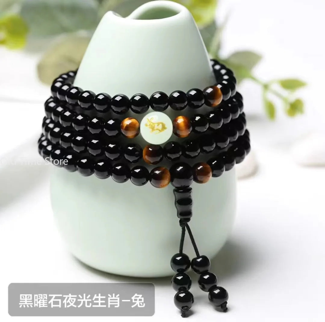 12 Chinese Zodiacs Glowing in the Dark Moon Bracelet Women Men Lover Dragon Black Buddha Beads Strand Bangles Bracelets Luminous