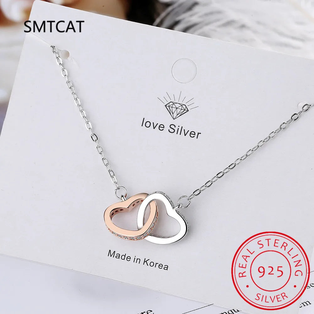 Hot Sale Fashion Double Love Heart Zircon Pendant Necklace 925 Sterling Silver Rose Gold Rhinestone Necklaces Women Jewelry Gift