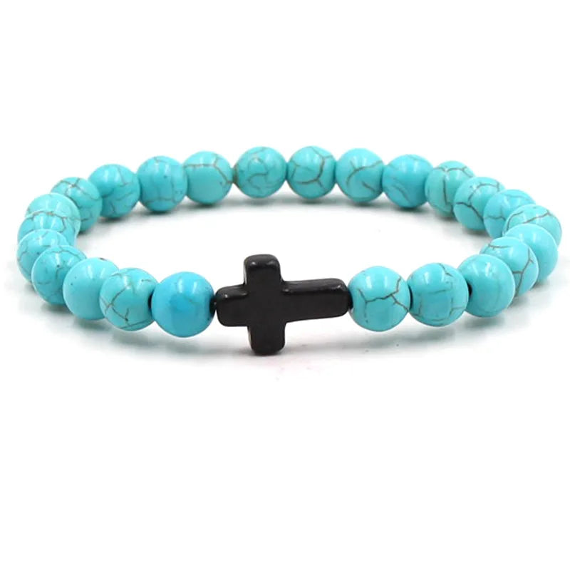 Men Natural Stone Bead Cross Bracelet Onyx Meditation Bracelet Women Yoga Jewelry Homme Pulser Lava Turquoise Beaded Bracelets