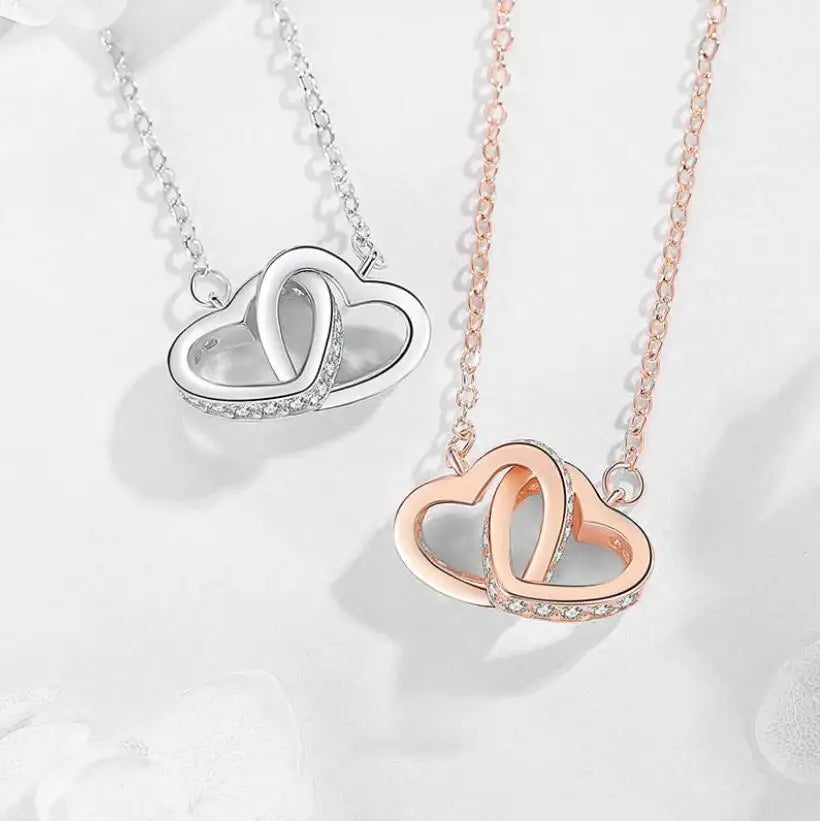 Hot Sale Fashion Double Love Heart Zircon Pendant Necklace 925 Sterling Silver Rose Gold Rhinestone Necklaces Women Jewelry Gift