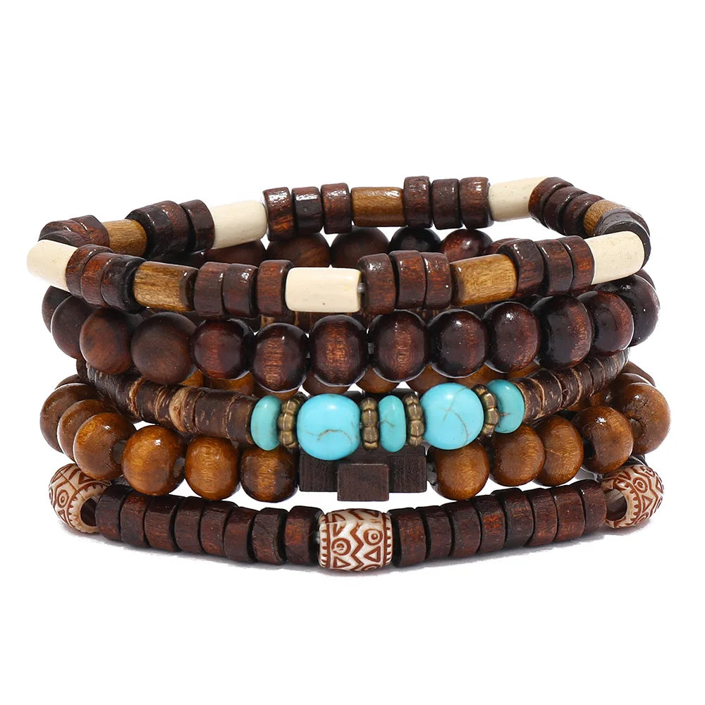 Ethnic 4-5pc/set wood bead tree Cactus Charms bracelets Hamsa Hand Butterfly Bohemia Men Bracelets For Women Female Jewelry