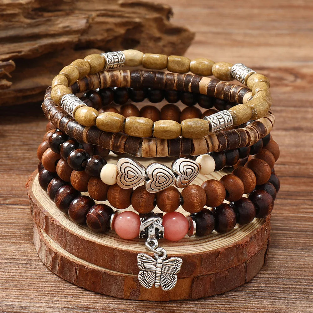 Ethnic 4-5pc/set wood bead tree Cactus Charms bracelets Hamsa Hand Butterfly Bohemia Men Bracelets For Women Female Jewelry