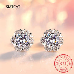 Moissanite Diamond Stud Earrings 18K White Gold Plated Silver Flower Eearring for Brilliant Moissanite Party Jewelry