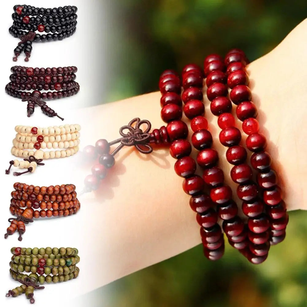 Chinese Style Small Leaf Red Sandalwood Buddhist Beads Multilayer Hand String Lacquer Bracelet Necklace Rosary Beads Men Women