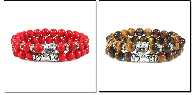 2pcs/set Buddha Head Bracelet for Women Men Natural Tiger Eye Lava Stone Yoga Beads Distance Bracelets Charm Couple Jewelry Gift