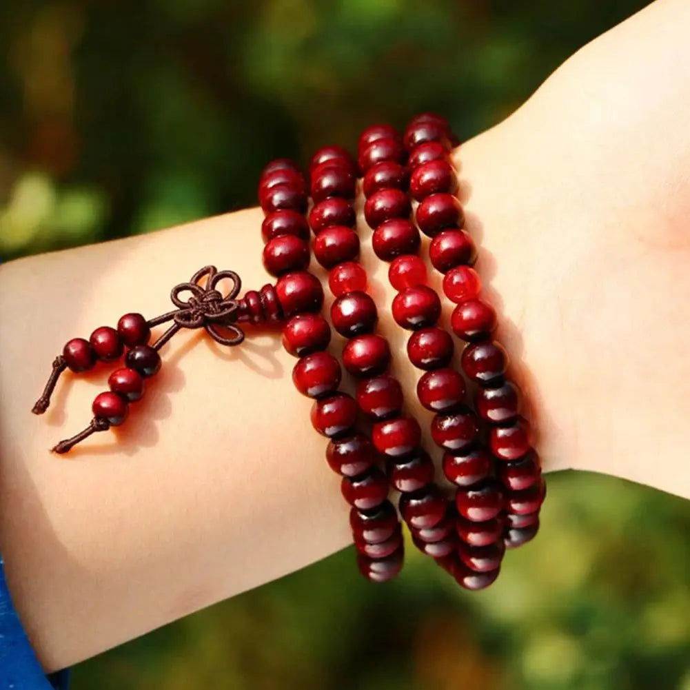 Chinese Style Small Leaf Red Sandalwood Buddhist Beads Multilayer Hand String Lacquer Bracelet Necklace Rosary Beads Men Women