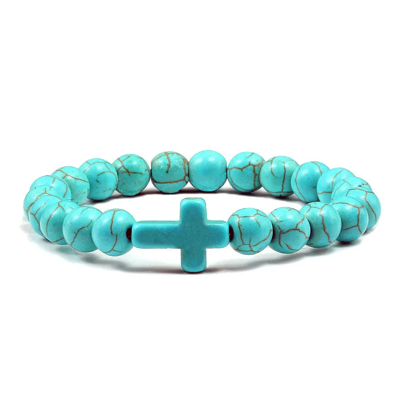 Men Natural Stone Bead Cross Bracelet Onyx Meditation Bracelet Women Yoga Jewelry Homme Pulser Lava Turquoise Beaded Bracelets