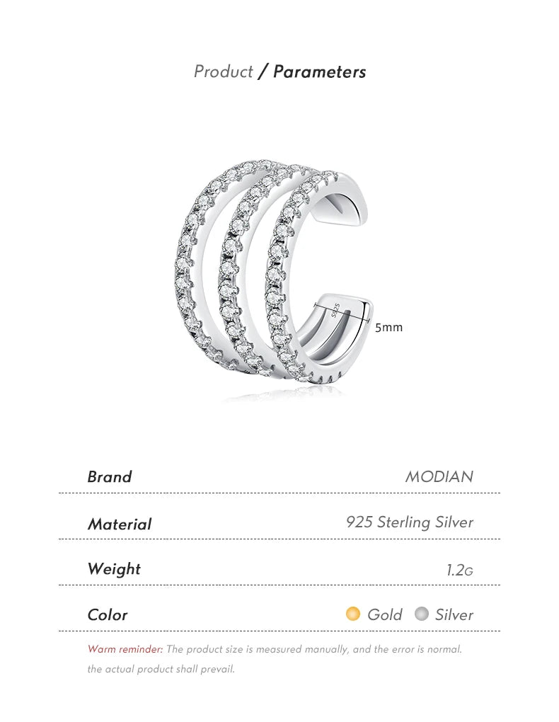 MODIAN 1PCS Multi Line Layer Clar Zirconia Ear Cuff 925 Sterling Silver Trendy Clip Earrings For Women Girls Fine Jewelry Gift