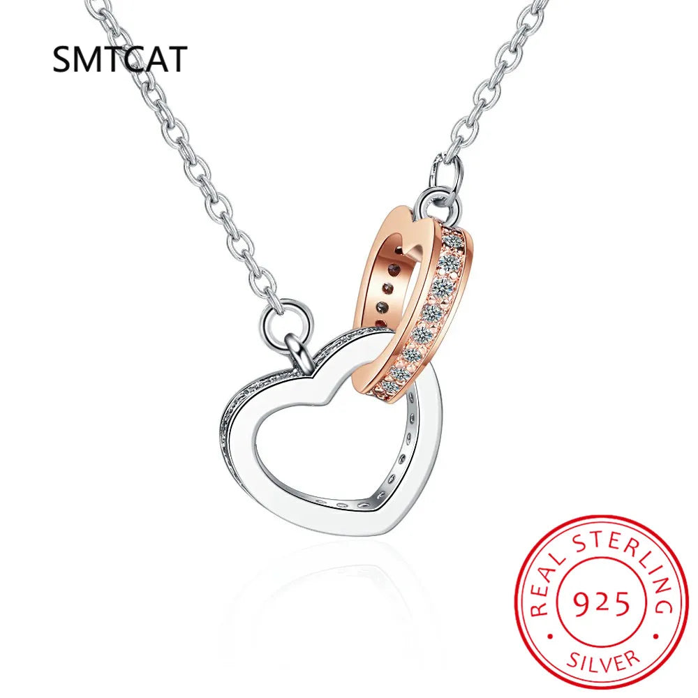 Hot Sale Fashion Double Love Heart Zircon Pendant Necklace 925 Sterling Silver Rose Gold Rhinestone Necklaces Women Jewelry Gift