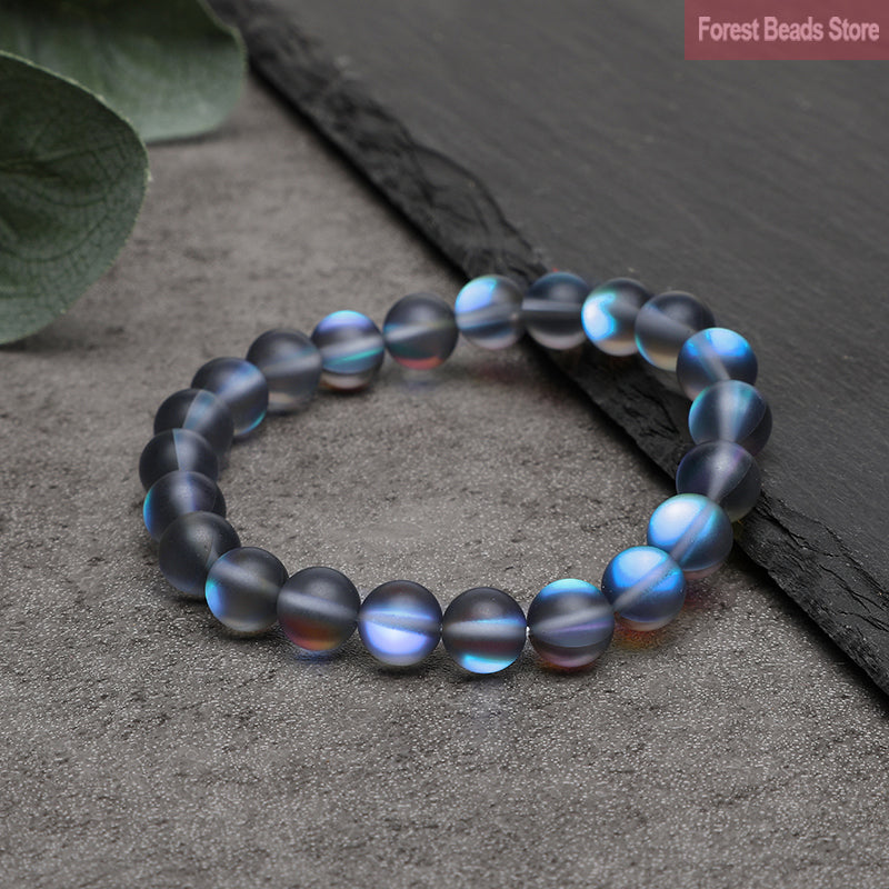 Matte Gray Blue Austria Crystal Glitter Moon Bracelet Natural Stone Round Beads Stretch Yoga Meditation Jewelry Gift 6/8/10/12mm