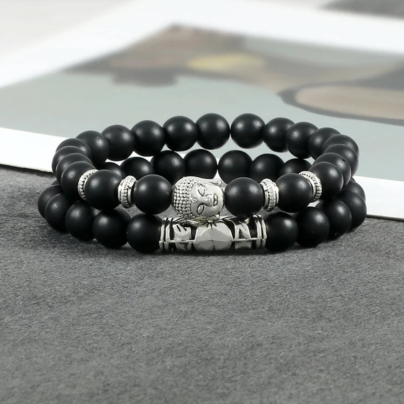 2pcs/set Buddha Head Bracelet for Women Men Natural Tiger Eye Lava Stone Yoga Beads Distance Bracelets Charm Couple Jewelry Gift