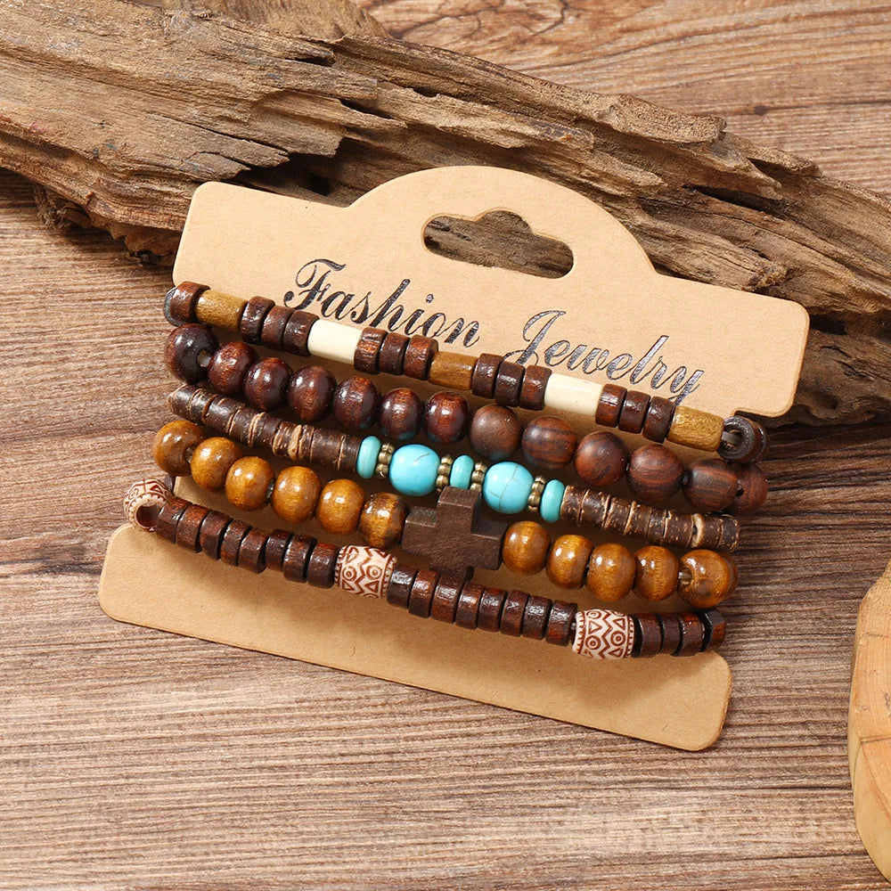 Ethnic 4-5pc/set wood bead tree Cactus Charms bracelets Hamsa Hand Butterfly Bohemia Men Bracelets For Women Female Jewelry