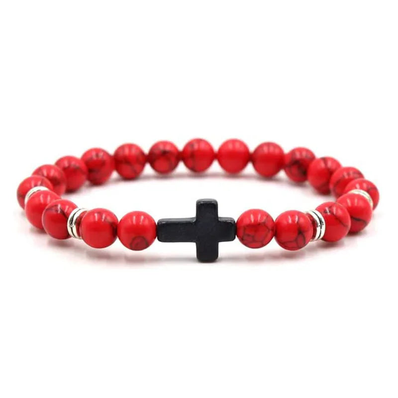 Men Natural Stone Bead Cross Bracelet Onyx Meditation Bracelet Women Yoga Jewelry Homme Pulser Lava Turquoise Beaded Bracelets