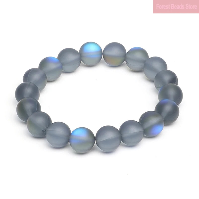 Matte Gray Blue Austria Crystal Glitter Moon Bracelet Natural Stone Round Beads Stretch Yoga Meditation Jewelry Gift 6/8/10/12mm