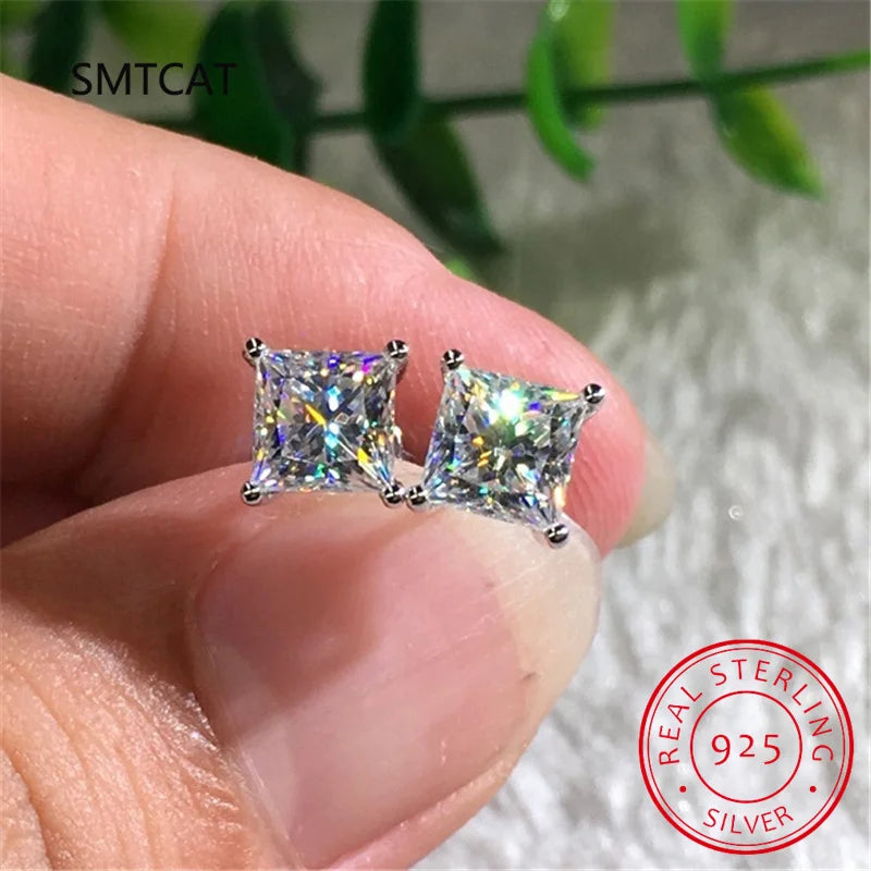 Real 1 Carat Princess Cut Moissanite Diamond Stud Earrings for Women Party Fine Jewelry 100% S925 Sterling Silver Earring