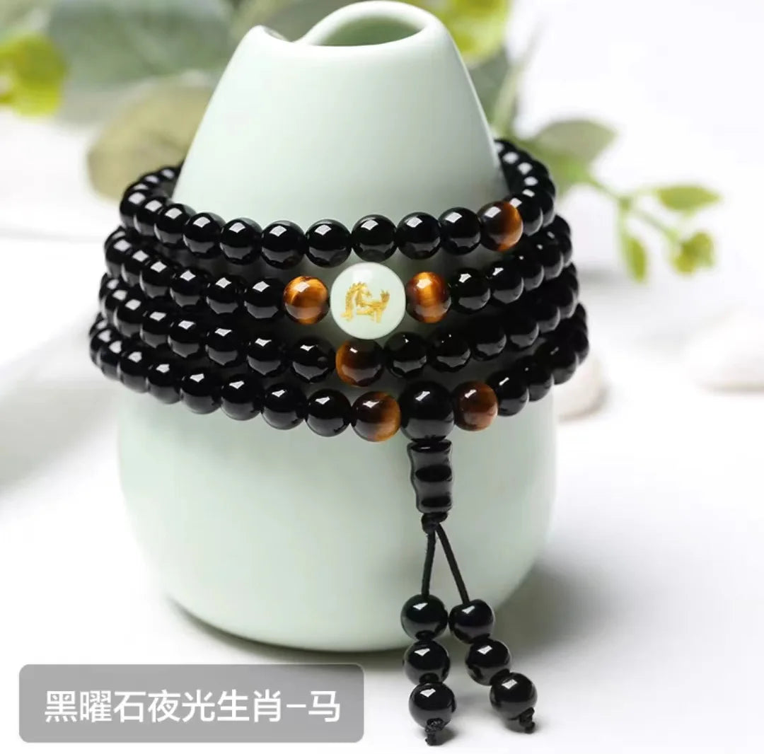 12 Chinese Zodiacs Glowing in the Dark Moon Bracelet Women Men Lover Dragon Black Buddha Beads Strand Bangles Bracelets Luminous