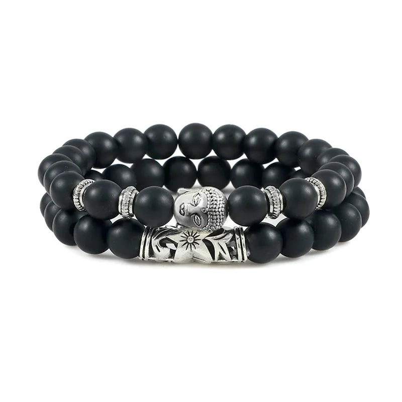 2pcs/set Buddha Head Bracelet for Women Men Natural Tiger Eye Lava Stone Yoga Beads Distance Bracelets Charm Couple Jewelry Gift