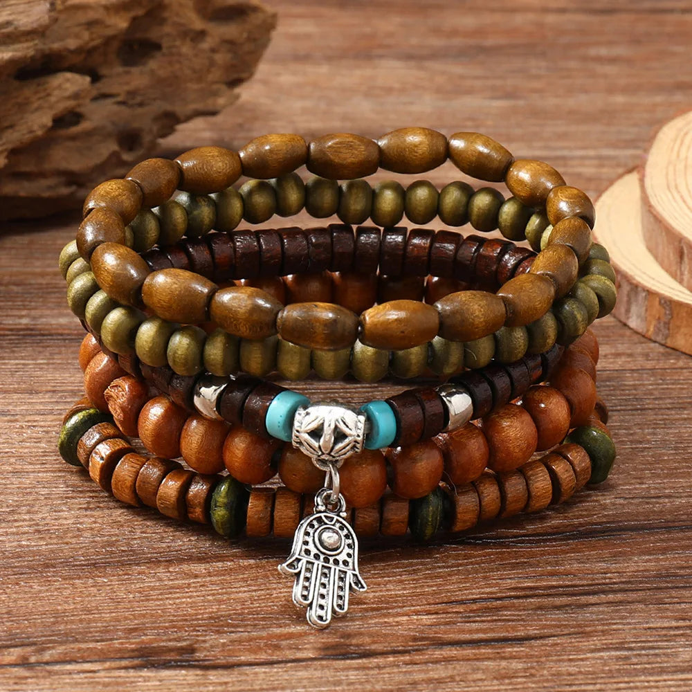 Ethnic 4-5pc/set wood bead tree Cactus Charms bracelets Hamsa Hand Butterfly Bohemia Men Bracelets For Women Female Jewelry