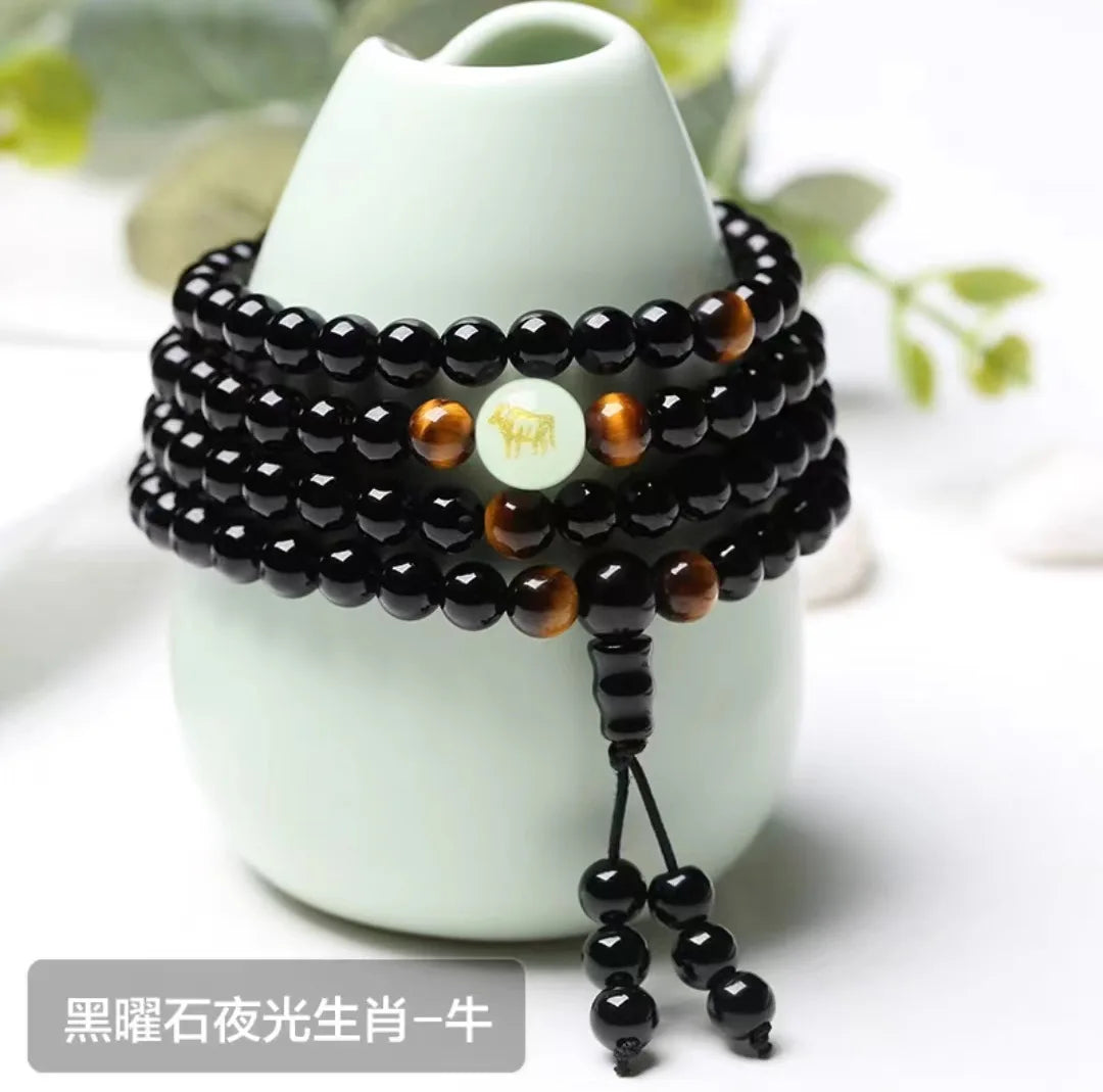 12 Chinese Zodiacs Glowing in the Dark Moon Bracelet Women Men Lover Dragon Black Buddha Beads Strand Bangles Bracelets Luminous