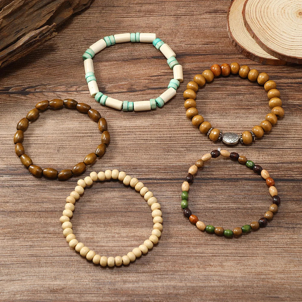 Ethnic 4-5pc/set wood bead tree Cactus Charms bracelets Hamsa Hand Butterfly Bohemia Men Bracelets For Women Female Jewelry