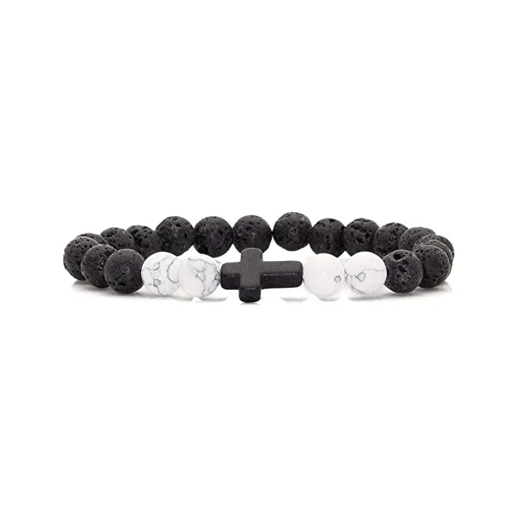 Men Natural Stone Bead Cross Bracelet Onyx Meditation Bracelet Women Yoga Jewelry Homme Pulser Lava Turquoise Beaded Bracelets