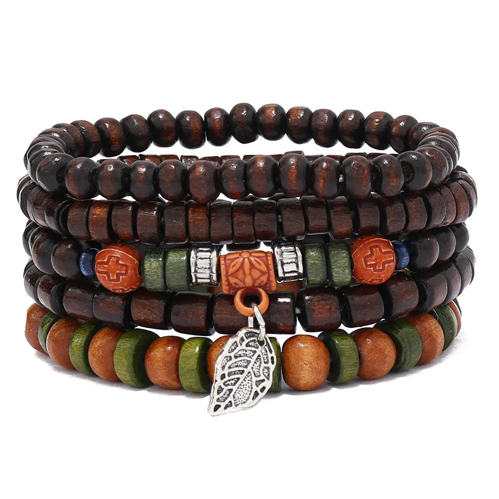 Ethnic 4-5pc/set wood bead tree Cactus Charms bracelets Hamsa Hand Butterfly Bohemia Men Bracelets For Women Female Jewelry